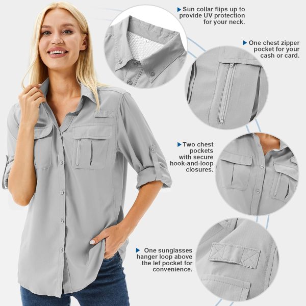 Women's UPF 50+ Long Sleeve UV Sun Protection Safari Shirt, Quick Dry SPF Hiking Fishing Breathable Shirts