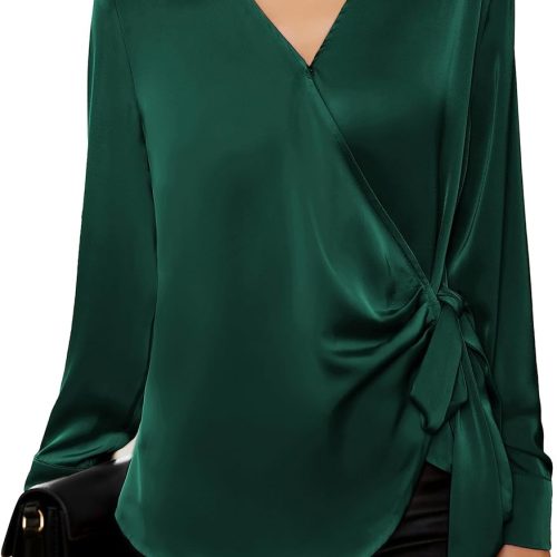 71Uz2H6K33L._AC_SL1500 Women's Satin Silk Blouses Wrap V Neck Shirts Long Sleeve Elegant Tie Waist Office Formal Work Tunic Pullover Tops