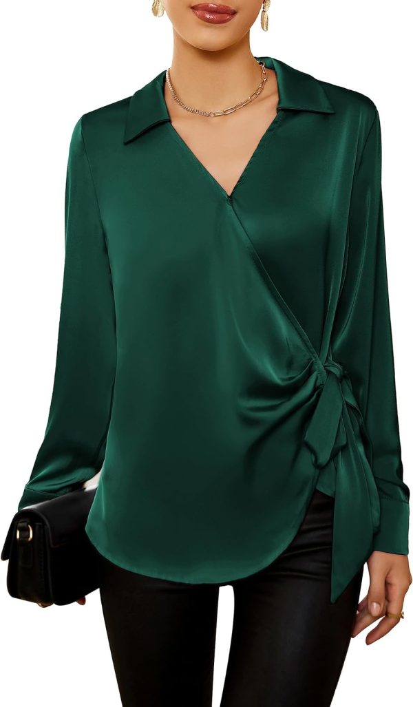 Women's Satin Silk Blouses Wrap V Neck Shirts Long Sleeve Elegant Tie Waist Office Formal Work Tunic Pullover Tops