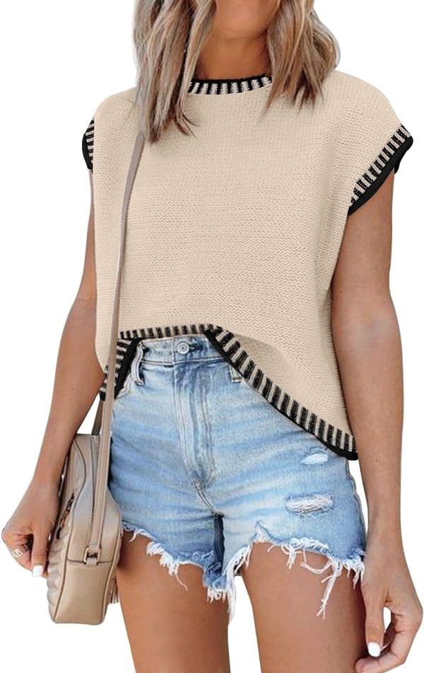 71WRO_klDYL._AC_SL1500 Womens Cap Sleeve Sweater Vest Summer Tops Sleeveless Tank Tops 2024 Trendy Spring Clothes Striped Short Sleeve Shirts