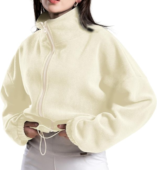 Women's Full Zip Fleece Short Jacket Oversized Athletic Running Long Sleeve Stand Collar Crop Warm Sherpa Coat