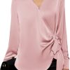 Women's Satin Silk Blouses Wrap V Neck Shirts Long Sleeve Elegant Tie Waist Office Formal Work Tunic Pullover Tops