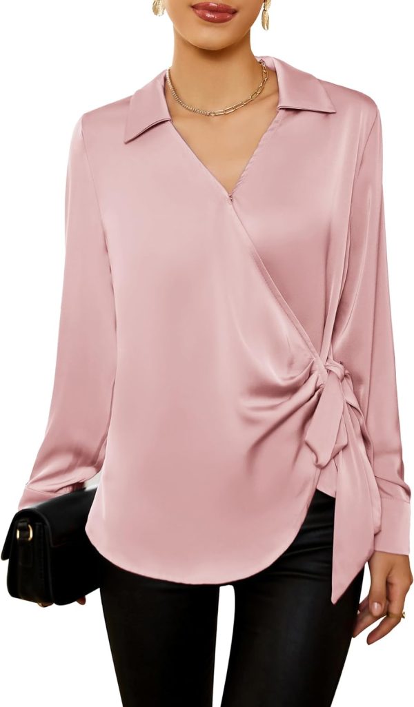 Women's Satin Silk Blouses Wrap V Neck Shirts Long Sleeve Elegant Tie Waist Office Formal Work Tunic Pullover Tops