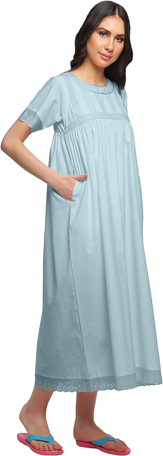 71X60AA_gvL._AC_SL1500 Lace Neckline Cotton Sleepwear For Ladies Womens Round Neck Nightdress