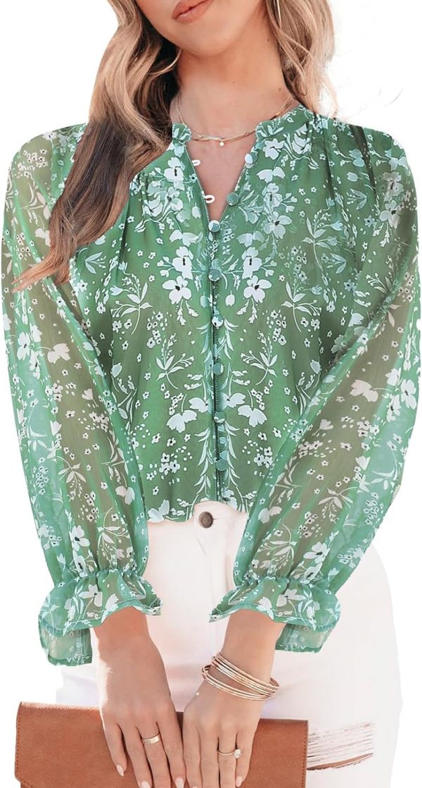 Womens Casual Boho Floral Print V Neck Long Sleeve Blouses Button Down Shirts Dressy Chiffon Loose Ruffle Tops