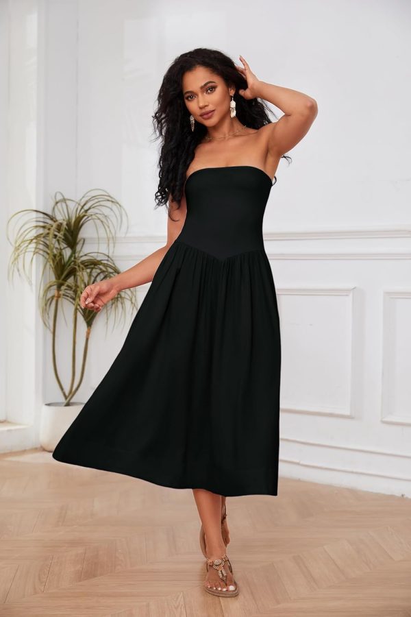 Women Off Shoulder Midi Dress Strapless Sleeveless Drop-Waist A Line Tube Dress Trendy Summer Swing Patchwork Dress
