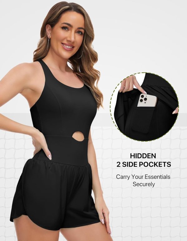 Athletic Romper Workout Onesie for Women, Quick-dry Running Active Romper One Piece Outfits with 2 Side Pockets