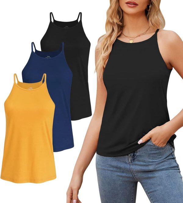 71YFVWMhA4L._AC_SL1500 High Neck Tank Top for Women Camisole Trendy Sleeveless Shirts Loose Fit Cami Tanks 3 Pack