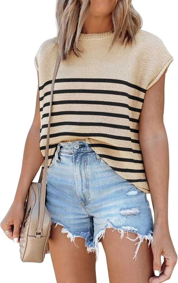 71YZitGVstL._AC_SL1500 Womens Cap Sleeve Sweater Vest Summer Tops Sleeveless Tank Tops 2024 Trendy Spring Clothes Striped Short Sleeve Shirts