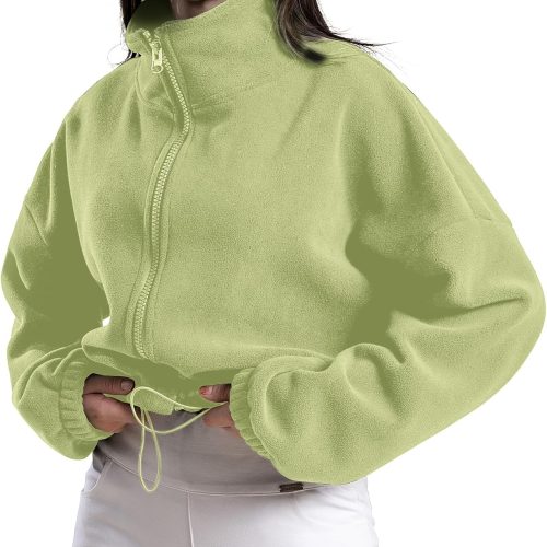 71Yweq2kxUL._AC_SL1500 Women's Full Zip Fleece Short Jacket Oversized Athletic Running Long Sleeve Stand Collar Crop Warm Sherpa Coat