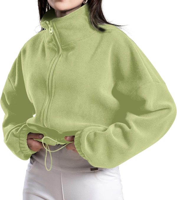 Women's Full Zip Fleece Short Jacket Oversized Athletic Running Long Sleeve Stand Collar Crop Warm Sherpa Coat