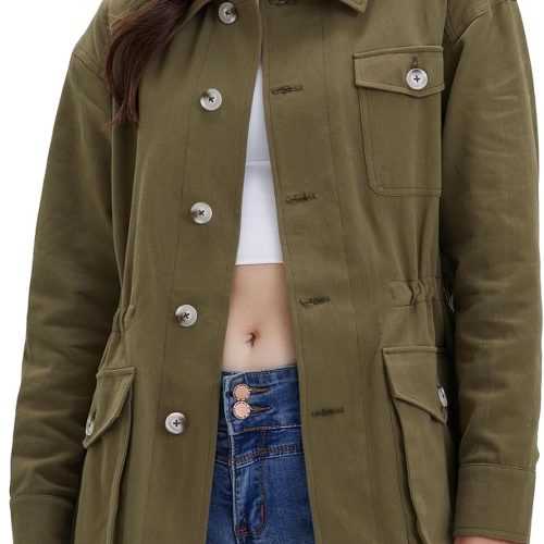 71Z9nnNNqkL._AC_SL1500 Women's Military Jacket Lightweight Button Up Utility Drawstring Waist Anorak Coat with Pockets