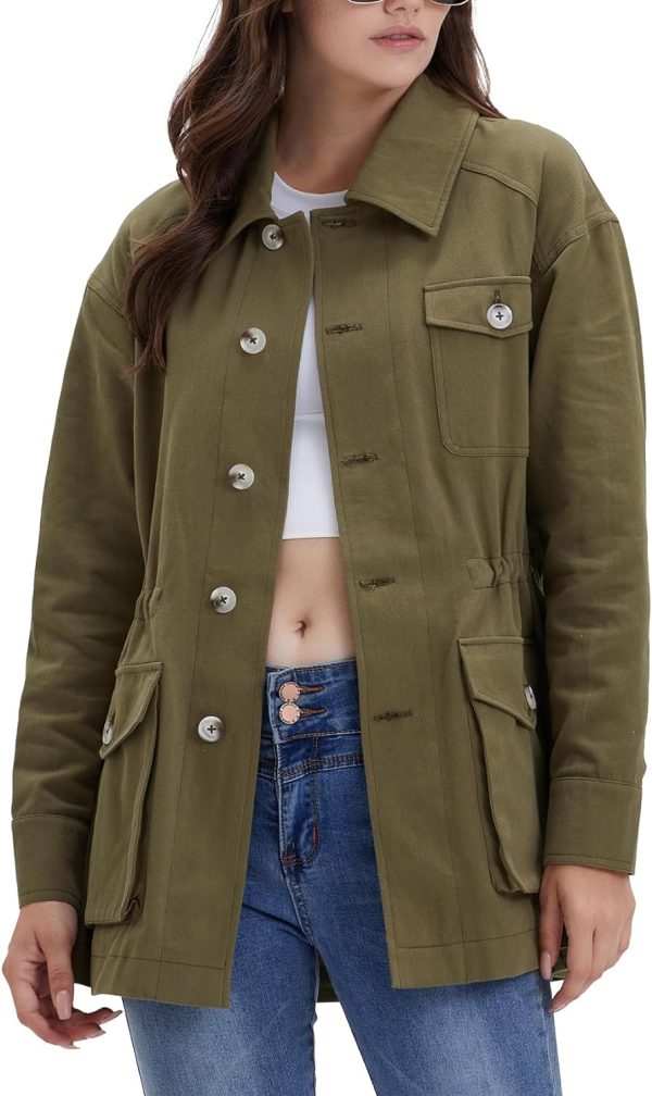 Women's Military Jacket Lightweight Button Up Utility Drawstring Waist Anorak Coat with Pockets