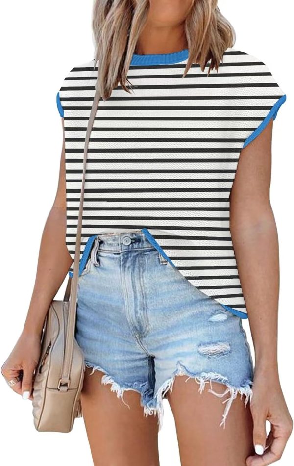 71ZejwiXbkL._AC_SL1500 Womens Cap Sleeve Sweater Vest Summer Tops Sleeveless Tank Tops 2024 Trendy Spring Clothes Striped Short Sleeve Shirts