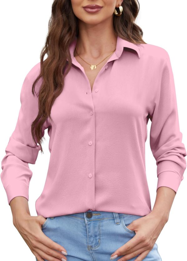 Womens Chiffon Blouses Button-Down Shirts Soft Tops Collared Casual Work Shirt XS-XXL