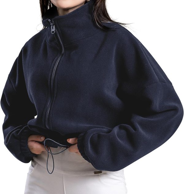 Women's Full Zip Fleece Short Jacket Oversized Athletic Running Long Sleeve Stand Collar Crop Warm Sherpa Coat
