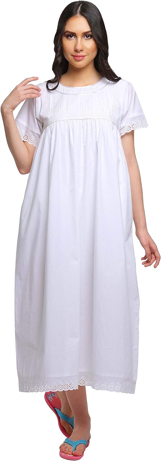71aNtjJCJKL._AC_SL1500 Lace Neckline Cotton Sleepwear For Ladies Womens Round Neck Nightdress