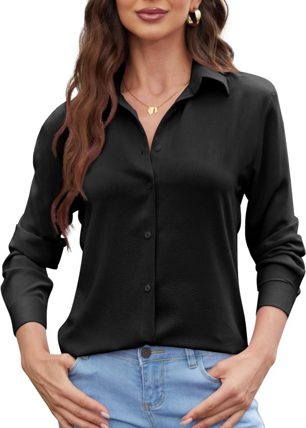 Womens Chiffon Blouses Button-Down Shirts Soft Tops Collared Casual Work Shirt XS-XXL