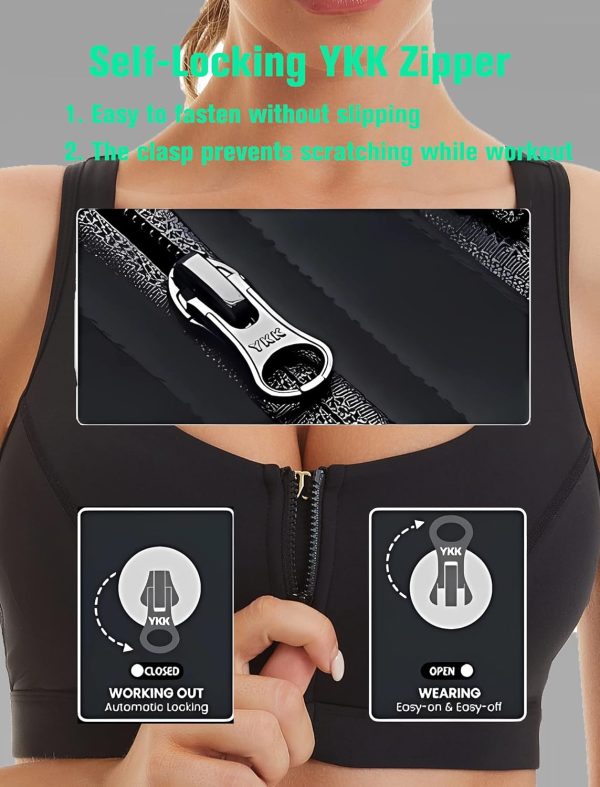 Womens Sports Bra with Zip Closure and Racerback,Wireless Bras,Four-Way Stretch Fabric with Removable Padded