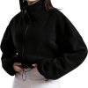 Women's Full Zip Fleece Short Jacket Oversized Athletic Running Long Sleeve Stand Collar Crop Warm Sherpa Coat