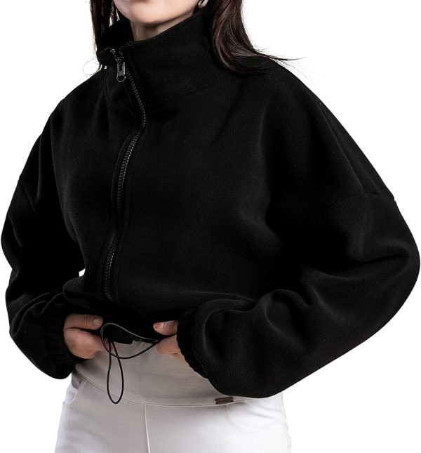 Women's Full Zip Fleece Short Jacket Oversized Athletic Running Long Sleeve Stand Collar Crop Warm Sherpa Coat