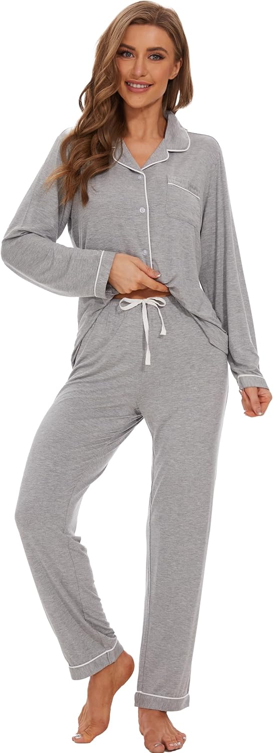71fxQb9_FsL._AC_SL1500 Button Up Pajamas for Women Long Sleeve Sleepwear Soft Loungewear Ladies Pjs Set XS-XXL