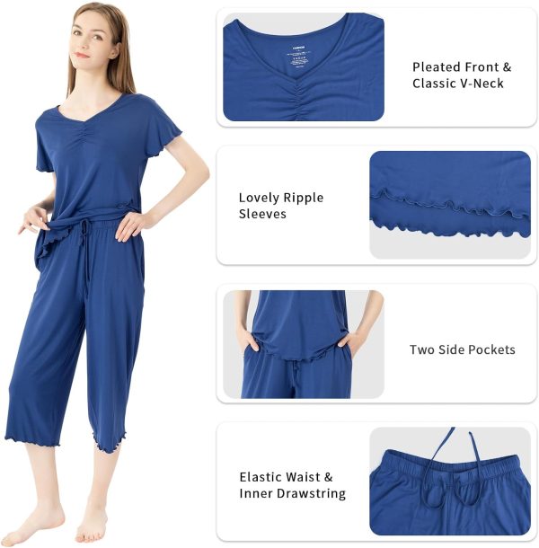 Soft Bamboo Viscose Pajamas Set for Women Summer Sleepwear Pjs Comfy Short Sleeve Tops Capri Pants Sets
