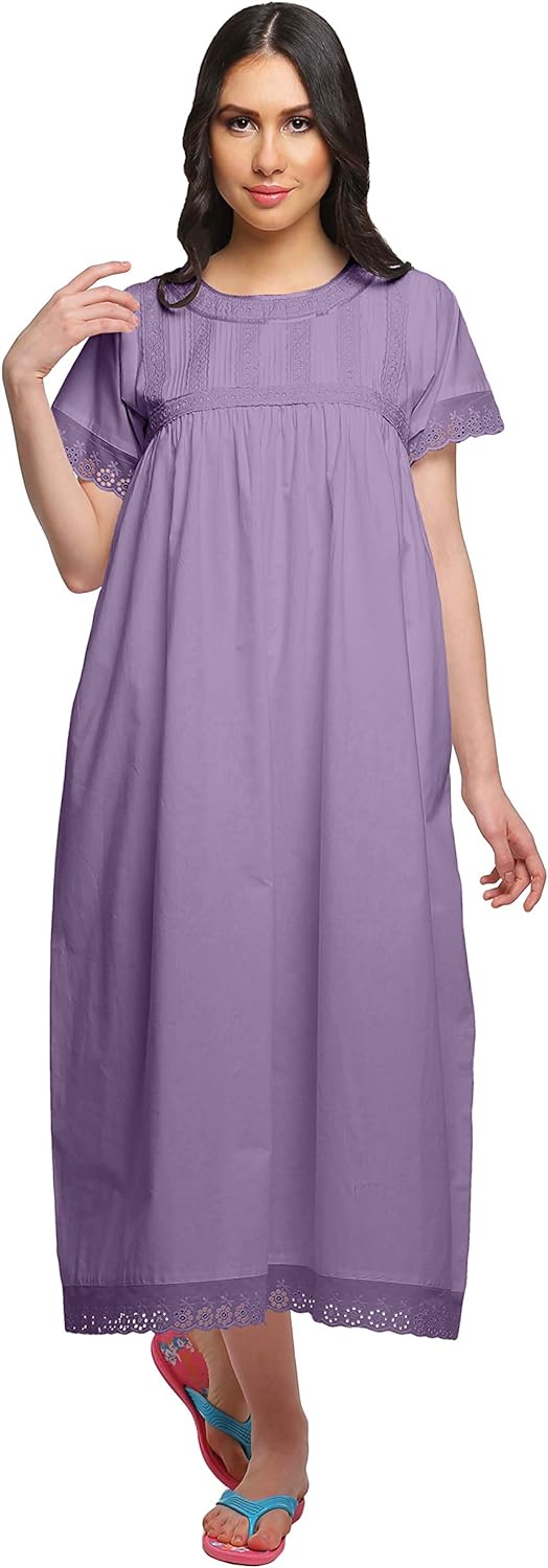 71giHQm7m4L._AC_SL1500 Lace Neckline Cotton Sleepwear For Ladies Womens Round Neck Nightdress