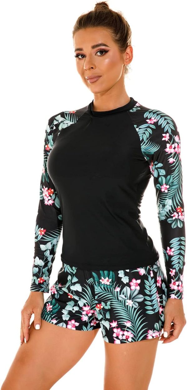 71h_5axCQL._AC_SL1500 Women 2 Piece Rash Guard Long Sleeve Swimsuits Swim Shirt with Shorts Set Sun Protection UPF 50+ Surf Bathing Suits