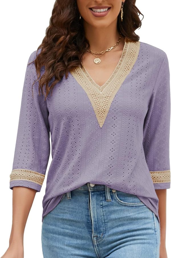 Women's Casual 3/4 Sleeve Shirts Lace V Neck Color Block Dressy Tops Trendy Hollow Floral Blouses T Shirts S-XXL
