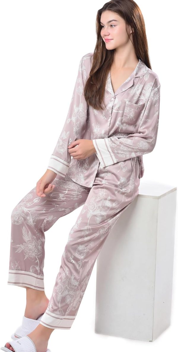 71hyxb0peQL._AC_SL1500 Women's Silky Satin Pajamas Set Long sleeve and Pants Sleepwear Soft and Comfy Button Down Loungewear Relaxed Fit