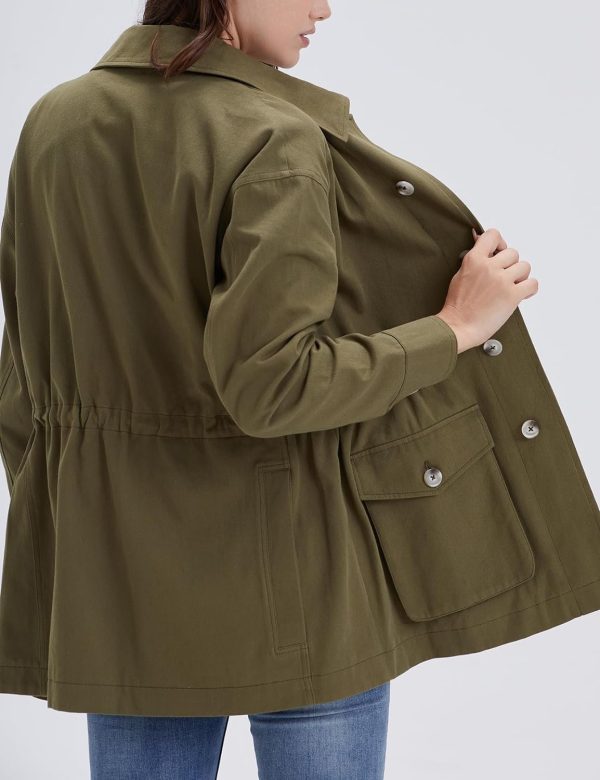 Women's Military Jacket Lightweight Button Up Utility Drawstring Waist Anorak Coat with Pockets