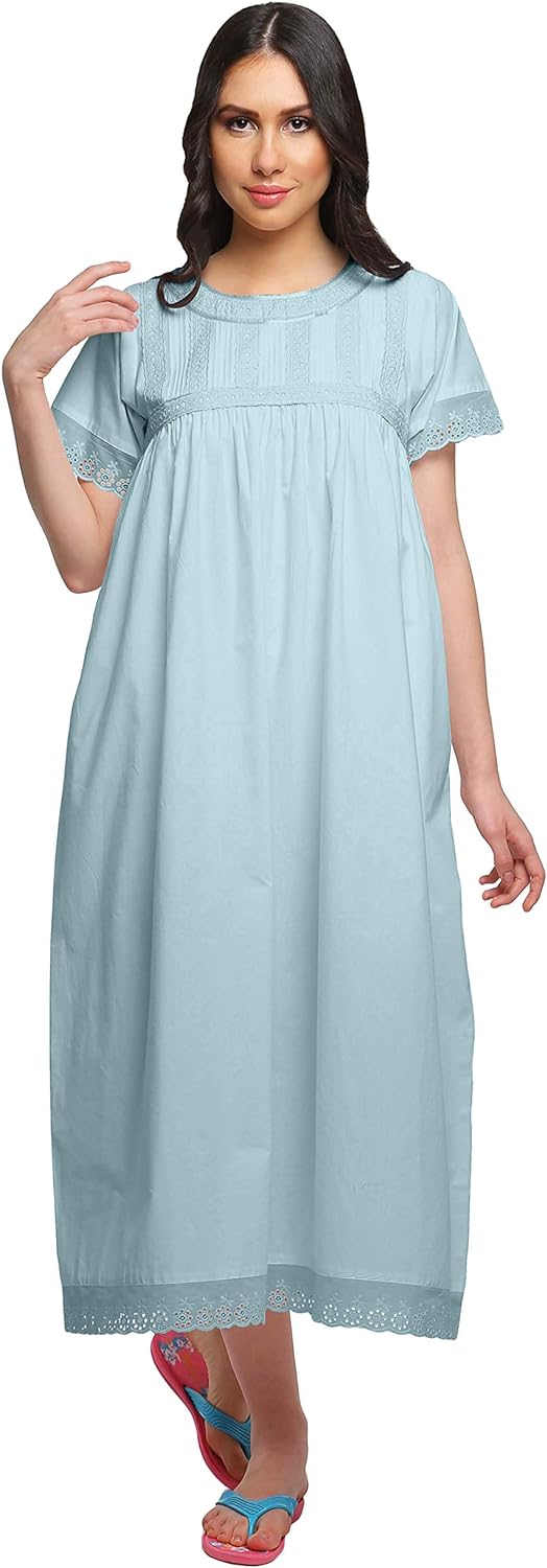 71jG9PqopvL._AC_SL1500 Lace Neckline Cotton Sleepwear For Ladies Womens Round Neck Nightdress