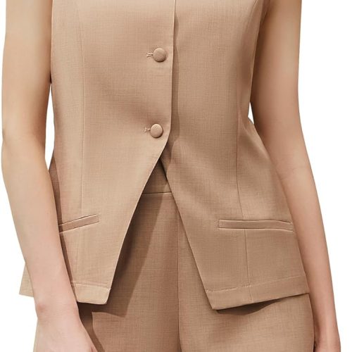 71jWwIw27dL._AC_SL1500 Women's Summer 2 Piece Outfits Sleeveless Round Neck Button Down High Waisted Pants 2024 Business Work Sets