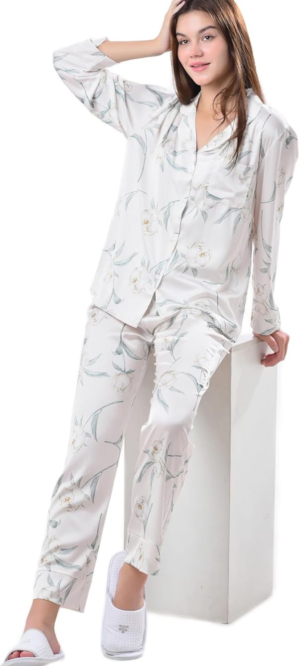 71jh64szvAL._AC_SL1500 Women's Silky Satin Pajamas Set Long sleeve and Pants Sleepwear Soft and Comfy Button Down Loungewear Relaxed Fit