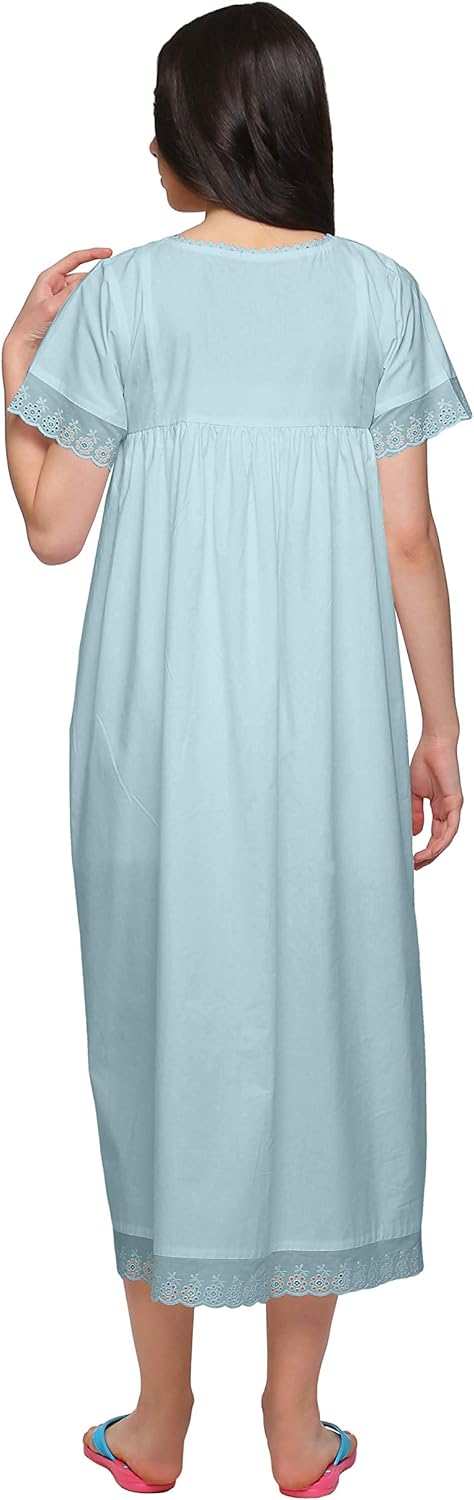 71jranZhLgL._AC_SL1500 Lace Neckline Cotton Sleepwear For Ladies Womens Round Neck Nightdress