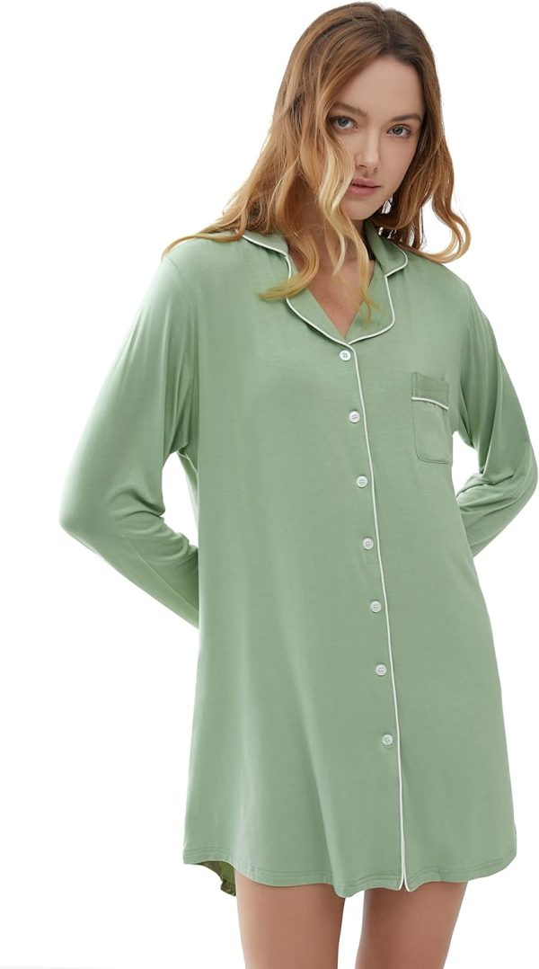 Womens Bamboo Viscose Sleep Shirt Long Sleeve Button Down Nightgowns Boyfriend Nightshirt S-XXL