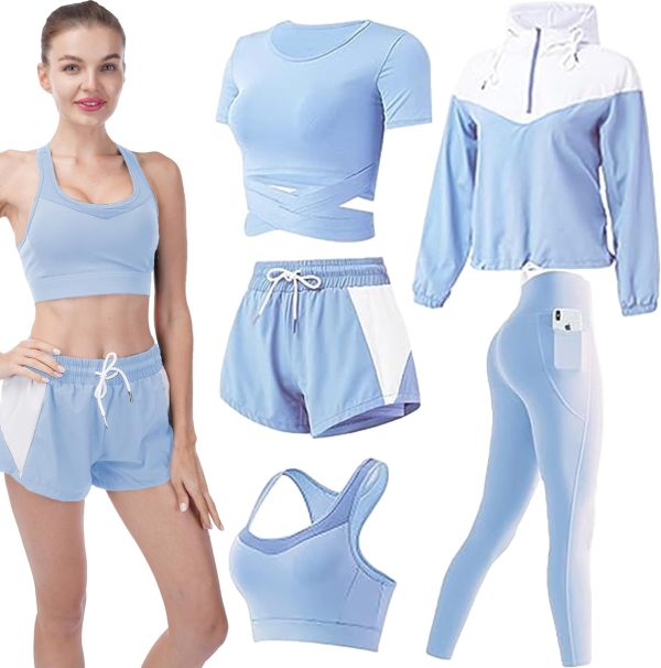 Workout Sets for Women 5 PCS Yoga Outfits Activewear Tracksuit Sets