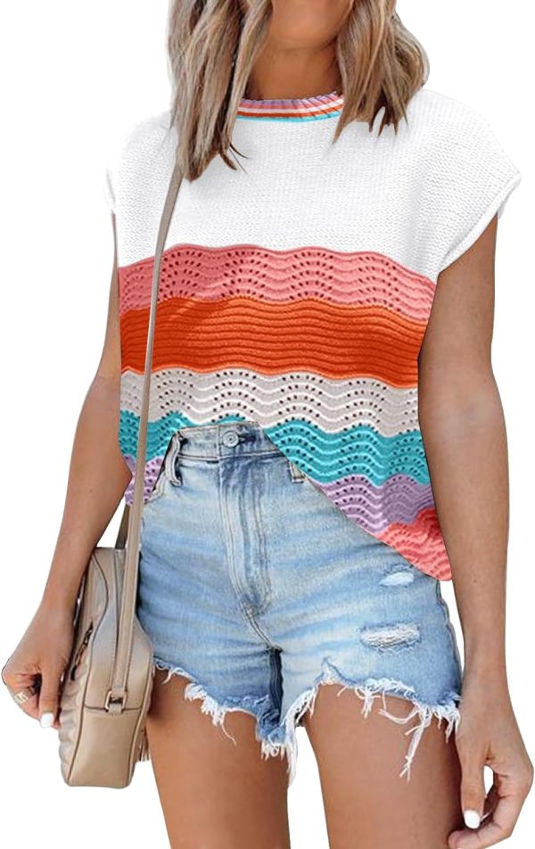 71lCqa0ZrJL._AC_SL1500 Womens Cap Sleeve Sweater Vest Summer Tops Sleeveless Tank Tops 2024 Trendy Spring Clothes Striped Short Sleeve Shirts