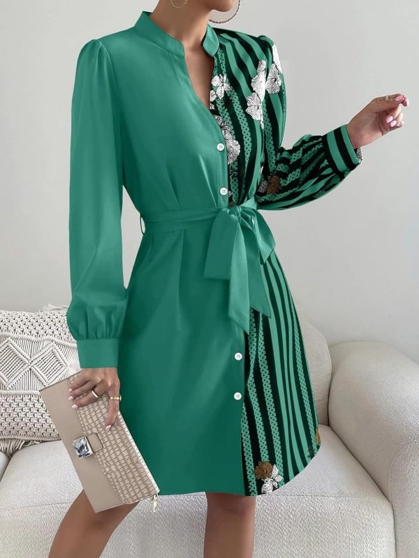Womens Button Down Shirt Dresses with Belt Button Up Tunics Long Sleeve Blouse Tops