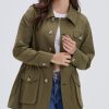 Women's Military Jacket Lightweight Button Up Utility Drawstring Waist Anorak Coat with Pockets