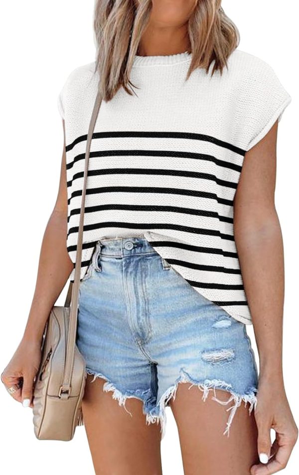 71mEKKwPNxL._AC_SL1500 Womens Cap Sleeve Sweater Vest Summer Tops Sleeveless Tank Tops 2024 Trendy Spring Clothes Striped Short Sleeve Shirts