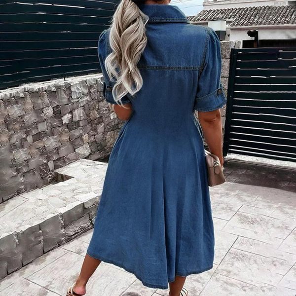 71mO9VfnD6L._AC_SL1500 Women Denim Shirt Dress V Neck Short Sleeve Long Bottom Down A-Line Jeans Dresses with Pockets