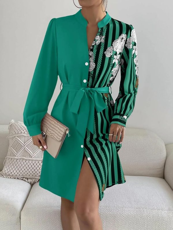 Womens Button Down Shirt Dresses with Belt Button Up Tunics Long Sleeve Blouse Tops