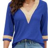 Women's Casual 3/4 Sleeve Shirts Lace V Neck Color Block Dressy Tops Trendy Hollow Floral Blouses T Shirts S-XXL