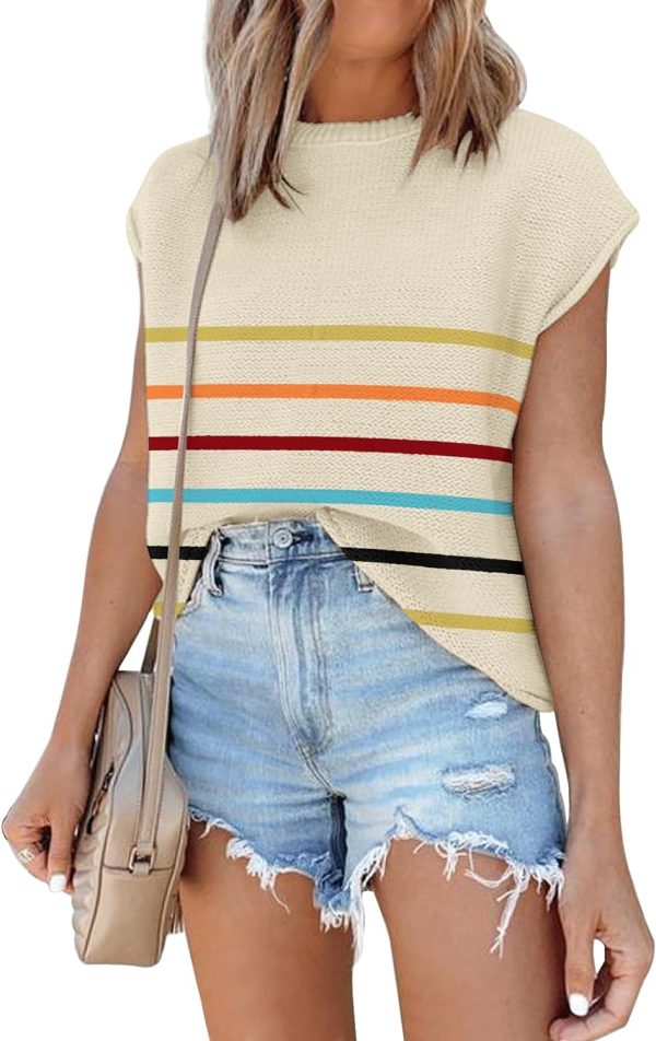71o6OSwHdwL._AC_SL1500 Womens Cap Sleeve Sweater Vest Summer Tops Sleeveless Tank Tops 2024 Trendy Spring Clothes Striped Short Sleeve Shirts