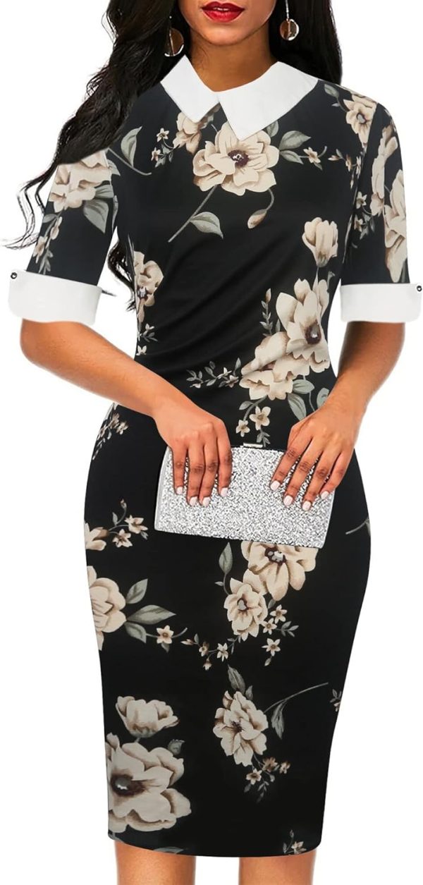 Women's Slim Fit Plaid Floral Printed Half Sleeve Formal Body-con Dress Pencil Dresses SK276