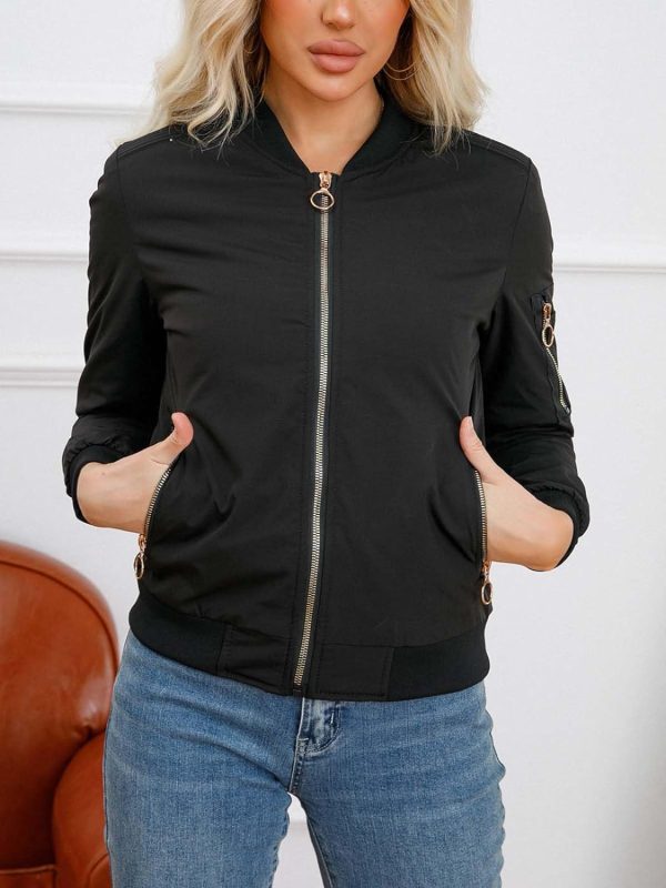 Women's Bomber Jacket Lightweight Varsity Zip Up Coat Casual Long Sleeve Windbreaker