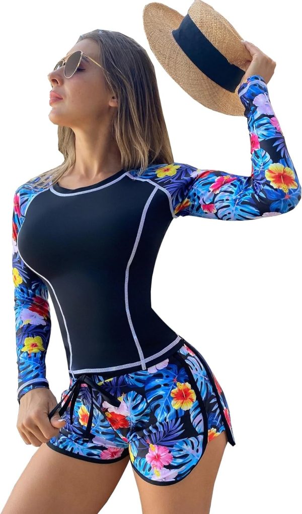 Women's Long Sleeves Rash Guard Athletic Swim Aztec Tankini Sets Swimsuit