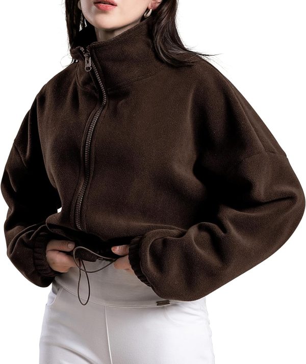 Women's Full Zip Fleece Short Jacket Oversized Athletic Running Long Sleeve Stand Collar Crop Warm Sherpa Coat